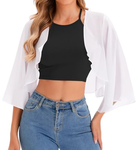 Kiiwah Damen Bolero Chiffon, 3/4 Ärmel Bolero Jäckchen Damen Dünne Sommer Festliche Bolerojacke Leicht Strickjacke Cardigan Elegant für Abendkleid Kleid Badeanzug (Weiß)