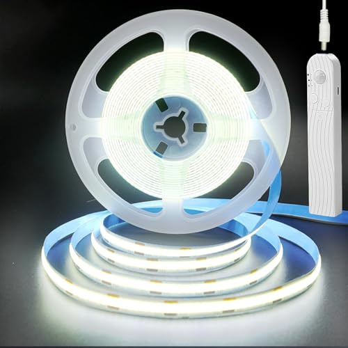 Clearhill 5V Sensor de movimiento Dimmable USB recargable COB led Strip Lights, Batería incorporada de 1500mAh, Tres modos, 9.84FT / 3M, Blanco fresco 6500K, 320LEDs / M