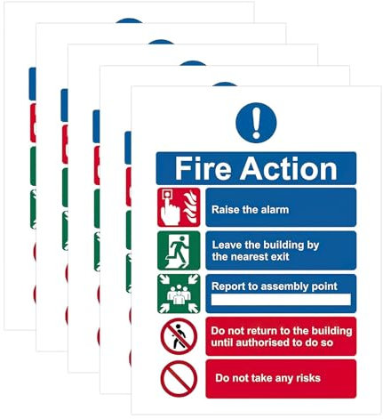 5 Pack Fire Action Notice Sign 15 x 20 cm Self Adhesive Safety Signs Vinyl Sticker Waterproof Fade Resistant with Clear Fire Alarm Guidelines Evacuation Procedure