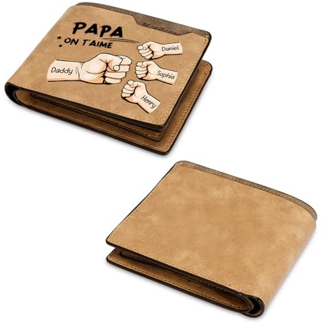 Amsgedhie Personalisierte Brieftasche für Männer, braune PU-Leder-Brieftasche, personalisierte Brieftasche mit Namen und Faustmuster, Geschenk für Vater (Name 4)