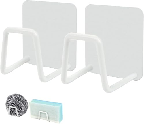 Firavggu 2 soportes para esponjas para fregadero de acero inoxidable 304, soporte para esponja, color blanco, autoadhesivo, para cocina, fregadero, resistente al agua, soporte para esponjas