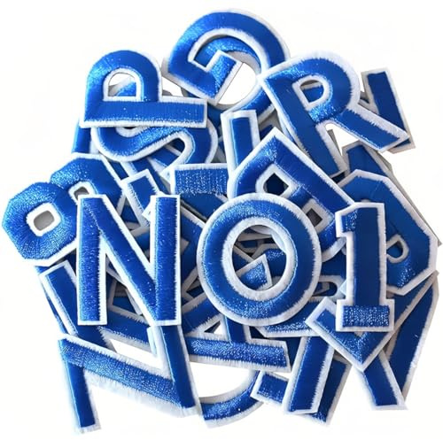72 pezzi toppe termoadesive, lettere da cucire con lettere A-Z, numeri 0-9, numeri da stirare per abbigliamento, vestiti, cappelli, jeans, accessori fai da te, blu