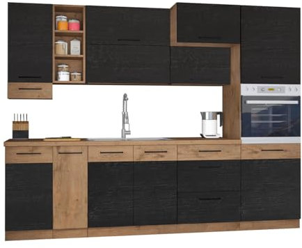 Mirjan24 Küche Woodline III mit Arbeitsplatte und Spülbecken im Set, Küchenblock/Küchenzeile 11 Schrank-Module frei kombinierbar (Eiche Lancelot/Dark Wood, mit LED Beleuchtung)