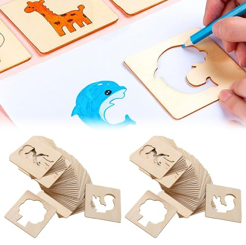 WANDGU Ritmall för barn: 60 stycken 8 x 8 cm trä ritmallar, kritmallar av trä, ritmallar set barn, återanvändbara målningsmallar för gör-det-själv hantverk inlärning