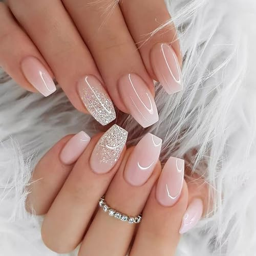 24 Stück Nägel zum Aufkleben Mittel Sarg, French Tip Press on Nails Rosa Glitzer Farbverlauf Künstliche Nägel, Full Cover Fingernägel zum Aufkleben, Acryl Fake Nails für Frauen Mädchen Nail Art