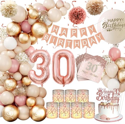 Dekoration 30-årsdag flicka, KQMGJYB 30. Dekoration, beige, vintage, rosa, vit, ballong, girlang med vindljus, bordsdekoration, servetter, poms för boho, födelsedag, dekoration, flickor, kvinnor