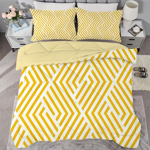 Qiwagu Gelb Bettdecke 135x200 cm, Wende-Steppdecke mit Gelb Gestreift Muster, Super Weiche Atmungsaktive Schlafdecke 200GSM, Leichte Ganzjahresdecke 135x200 mit 1 Kissenbezug, A815