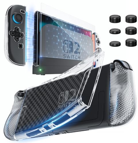 HEYSTOP Coque pour Nintendo Switch 2 Dockable Coque de Protection Transparente en TPU Souple pour Nintendo Switch 2 avec Protection D'écran en Verre Trempé et 6 Capuchons pour Joysticks