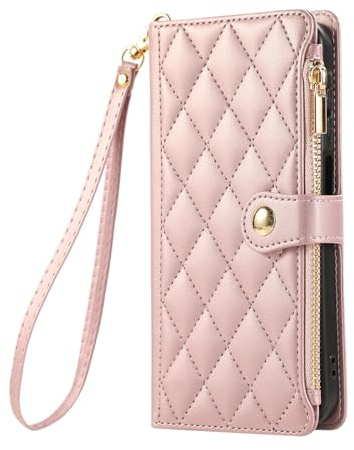 Sawiqpd Wallet Phone Case for Samsung Galaxy Z Fold 7 5G, Rose Gold | Faux Leather Shockproof TPU, Kickstand, Card Slots, Magnetic Closure, Strap, RFID Protection, Zip Pocket, Flip Bumper Cover