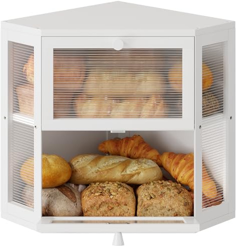WOWLIVE Double Layer Corner Bread Box for Kitchen Countertop with 2 Doors | Bamboo Bread Storage Container, Large Farmhouse Breadbox with Acrylic Wavy Door, Under Cabinet Organizer, White, Medium