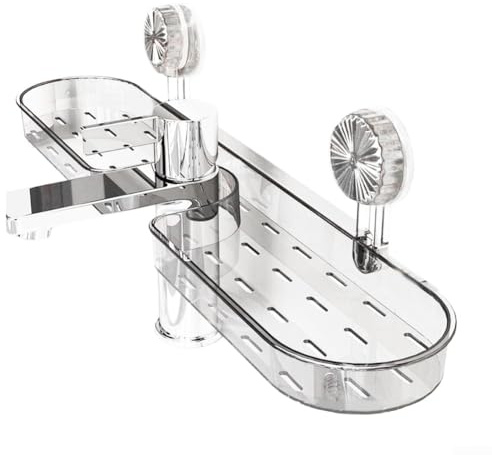 Organizer da bagno a ventosa con mensola per rubinetto, mensola per lavandino del bagno per riporre articoli da toeletta e cosmetici, design verticale salvaspazio con materiale ABS+PVC (bianco