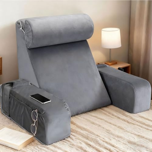 Groß lesekissen für Bett und Sofa, Erwachsene Rückenkissen Bett mit Nackenrolle & Armlehnen, Ergonomisches Rückenlehne Kopfkissen mit Tasche & Waschbarem Bezug für Bettruhe, Lesen, Fernsehen (GR)