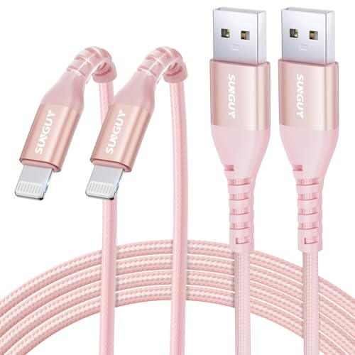 SUNGUY Ladekabel iPhone, 2Stück 2m USB auf Light-ning Kabel Nylon Kompatibel mit Carplay iPhone 14/13/12/11 Pro Max Mini Xs 8 7 6 5 Plus, iPad Air/Mini-Rosa