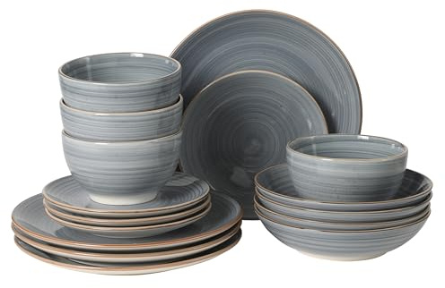 Gibson Home Stonebury 16 Piece Plates and Bowls Blue Dishes - Handpainted Stoneware Dinnerware Set - Service for 4