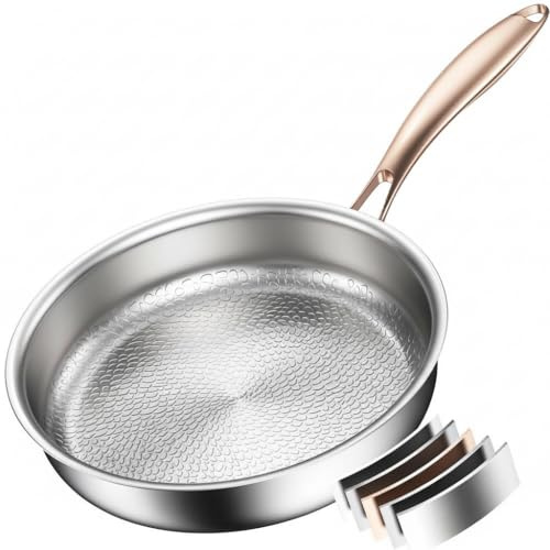 Akaice Edelstahlpfanne 28cm, Titan Pfanne unbeschichtet, 18/10 Bratpfanne Induktion mit Roségoldgriff, Texturdesign Induktionspfanne für Alle Herdarten und Geschirrspüler, Frei von PTFE, PFOA