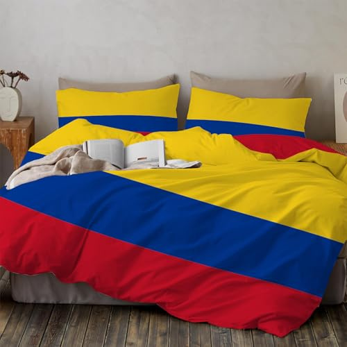 Juego de Ropa de Cama Bandera Colombiana 3 Piezas Poliéster Sentimiento Nacional Juego de Fundas de Edredón Reversible Incluye 1 Funda Nórdica y 2 Funda de Almohada, 200x200cm, Rojo Amarillo