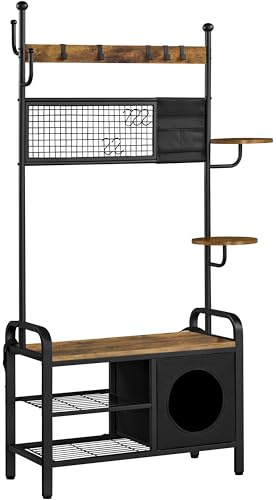 Yaheetech Perchero Industrial Compartido para Personas y Gatos con Caseta para Gatos Organizador de Abrigos y Zapatos de 3 Niveles con Estantes para Zapatero Ganchos Marrón Rústico
