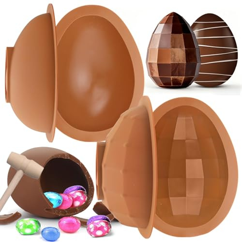 4 Pcs Easter Chocolate Moulds Silicone Large Easter Egg Moulds for Baking 3D Diamond Chocolate Egg Mould Set with Wooden Mallet Smashable Surprise Easter Baking Silicone Moulds for Chocolate Desserts