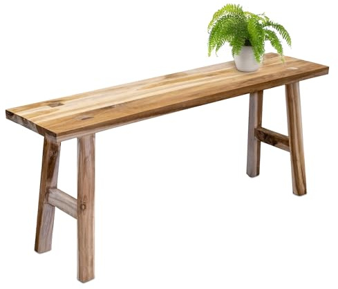 Spetebo Banc à fleurs rectangulaire en bois de teck naturel - 100 x 42 cm - Bois massif - Tabouret décoratif rustique - Support pour plantes - Banc en bois de décoration