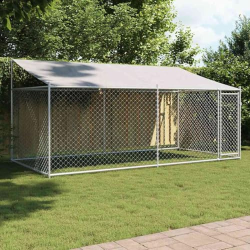ChicAbode Hundezwinger mit Dach und Tür Grau 4x2x2 m Verzinkter Stahl Hundehaus Hundehütte Käfig A171