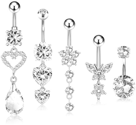 Dermalyx Set Da 5 Pezzi Di Piercing Ombelicale Pendenti In Acciaio Chirurgico Argento, Anello Ombelico Con Zirconia, Resistente All'Acqua Stile Titanio Lungo Piercing Add