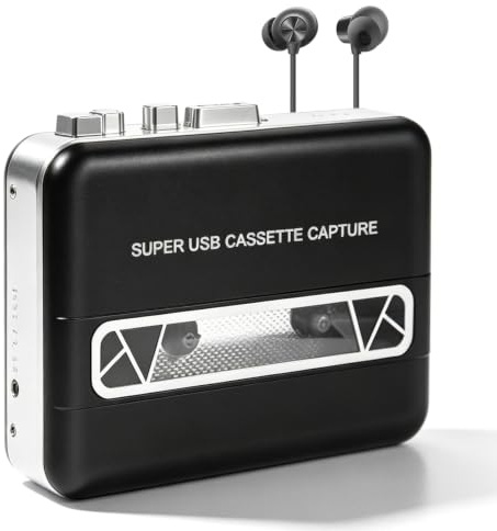 Reproductor de casete portátil, reproductor de cassette, radio de cassette, recargable mediante USB, mini grabadora de casete, incluye auriculares (negro)
