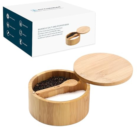 KITCHENDAO Bamboo Salt and Pepper Bowl Box Cellar Container Divided, Built-in Serving Spoon to Avoid Dust, Swivel Lid to Keep Dry, Sea Salt Spice Seasoning Keeper Holder, Dual 7 Ounce Capacity