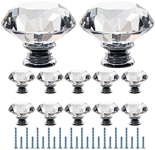 Furniware Clear Crystal Door Knobs, 12 Pcs 50mm Crystal Glass Door Drawer Knobs Diamond Cut Drawer Handles with 3 Sizes Screws for Cupboard Cabinet Wardrobe Home Decorating