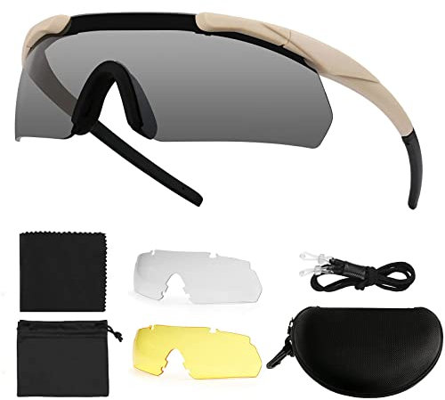 Feyachi Schießbrille mit 3 Austauschbaren Gläsern, Schutzbrille ​Schlagfester Augenschutz, UV-400-Schutz (Bräunen)