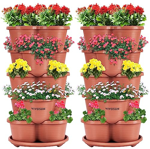 VIVOSUN 2-Pack 5 Tier Vertical Gardening Stackable Planter for Strawberries, Flowers, Herbs, Vegetables, Brown