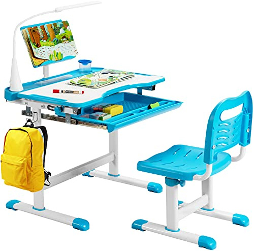 COSTWAY Bureau Enfant Garçon Fille avec Chaise & Plateau Incliné, Table et Chaise Enfant avec Hauteur Réglable & Éclairage à 3 Niveaux, Support de Livre, Tiroir, Charge 80/100kg pour 6-12 Ans, Bleu