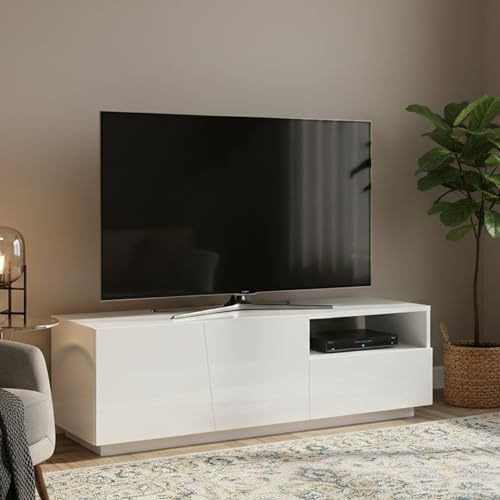 Dmora - Meuble TV Nino, Buffet bas de salon avec 2 portes, Base pour meuble TV, 100% Made in Italy, 150x43h46 cm, Blanc brillant