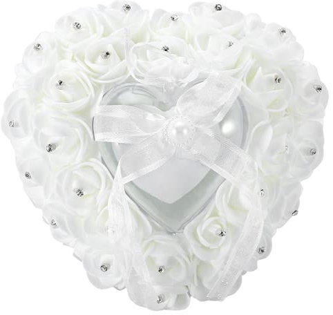 AUNMAS Oreiller pour Alliances, Porte-alliances en Forme de Cœur pour Fiançailles, Romantique Dentelle Cristal Rose Mariage Coeur Boîte à Bagues Coussin Coussin avec Ruban Perle Cérémonie de(Blanc)