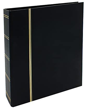 SAFE 116 Briefmarkenalbum in Leder-Optik schwarz mit 4-Ring-Mechanik | Goldprägungen auf Deckel und Rücken | 4 Ring-Mechanik I Euro-Lochabstand 80-80-80 mm I leer ohne Blätter | 270 x 315 x 68 mm