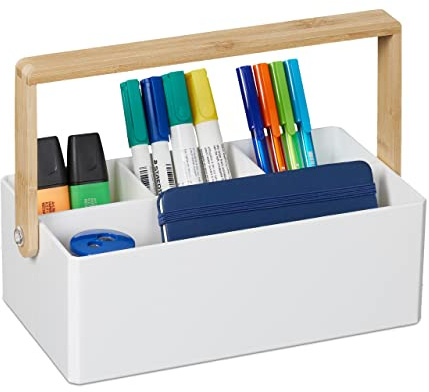 Relaxdays Organizer mit Griff, 4 Fächer, Bambus Henkel, weiß | Sortierbox