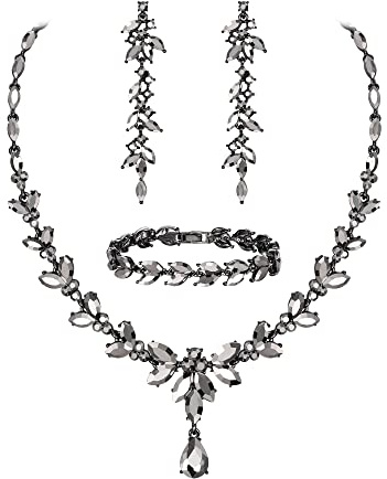 EVER FAITH Schmuckset Österreichisches Kristall Braut Schmuck-Set, Elegante Marquise Strass Blatt Halskette mit baumelnden Ohrringen Tennis-Armband-Set