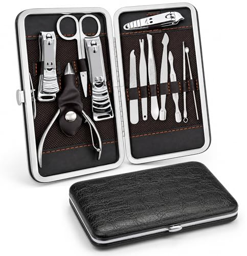 SOL 12pcs Nail Clippers & Travel Manicure Set - Stylish Grooming Kit for Women and Men, Pedicure Sets for Feet with Scissors, Eyebrow Tweezers, Accessories and Storage Case, Complete Daily Home Care