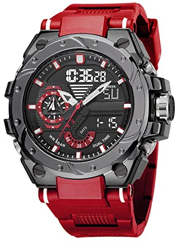 findtime Men's Digital Sports Watches - Military Tactical Watches with EL Light, Stopwatch, Alarm - Casual Watch, Black, White, Red