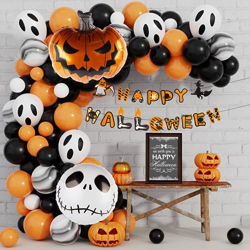 101 Piezas Globos de Halloween, Arco de Globos, Halloween Decoracion, Calabaza Calavera Fantasma Naranja Globo Negro Para Decoración de Fiesta Viene con Pancartas de Decoración