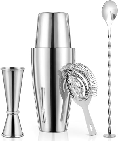 X HOME Boston - Set di shaker per cocktail, per bar professionale o domestico, include misurino più grande e cucchiaio da bar più lungo, argento, 4 pezzi