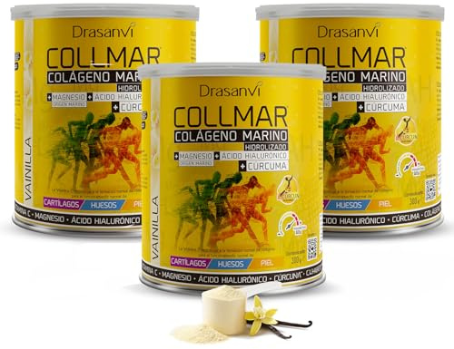 Colageno Drasanvi Collmar Hidrolizado Marino Con Acido Hialuronico Magnesio | Bienestar Articular Y Muscular, Con Curcuma Y Vitamina C - Colageno Marino Hidrolizado En Polvo Sabor Vainilla, Pack 3x300 G