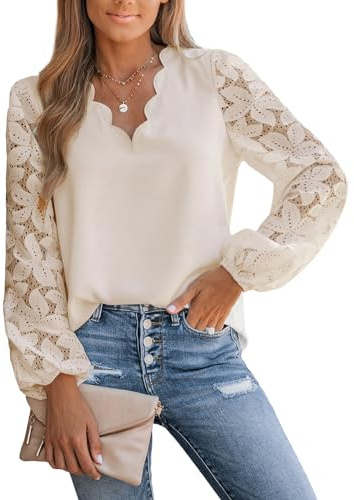 CUPSHE Women Lace Elegant Blouse Long Sleeve Eyelet V Neck Dressy Party Floral Tops Scalloped V Neck Casual Loose Fashion Shirts Beige XS