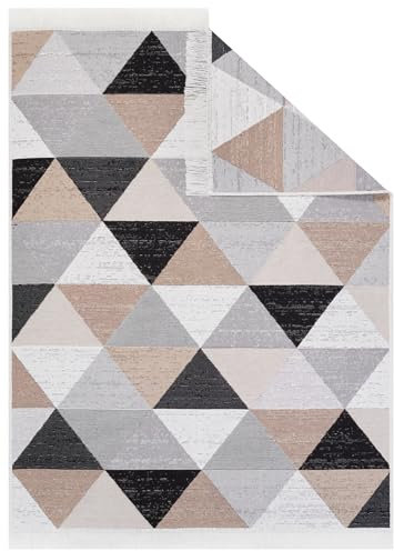TAPISO Azteca Teppich Kurzflor Baumwolle Waschbar Beidseitig Anwendbar Beige Creme Grau Schwarz Dreiecke Wohnzimmer Schlafzimmer Fransenteppich ÖKOTEX 120 x 170 cm