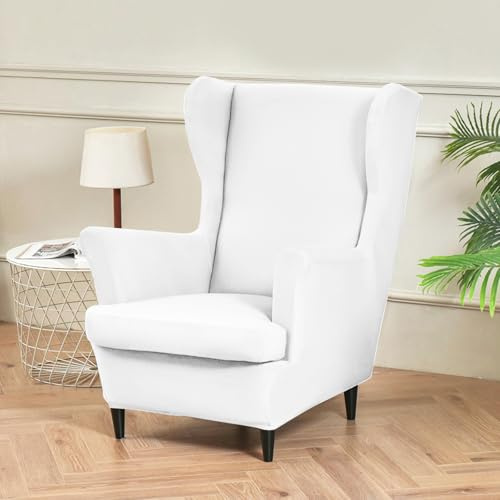 Hixingo 2-Teilig Ohrensessel Überzug, Einfarbig Sesselbezüge, Stretch Ohrensessel Bezug Abnehmbar für Wohnzimmer Schlafzimmer Hotel Sesselschoner (Weiß,One Size)