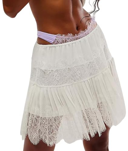 Qianderer Femme Y2k Jupe Mini à Volants Jupe Mini en Dentelle Été Décontractée Taille Élastique Jupe Courte à Plis en Dentelle Demi-Fonds, blanc, M