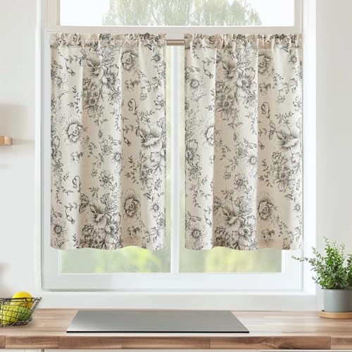 Vangao Scheibengardinen Modern Küche Vorhang Blumen Vintage Leinenoptik Bistrogardine 2er Set 65x60 cm Landhausstil Wohnwagen Gardinen Kurz Beige und Schwarz Wohnzimmer Küchengardinen Lichtdurchlässig