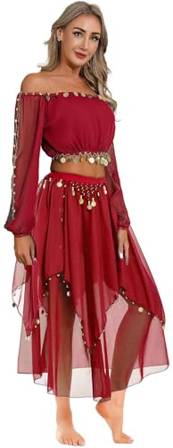TTAO Costume Danse du Ventre Femme Robe Danse Orientale Haut de Dance Classique Manche Longue et Pantalon Déguisement Indien Princesse Costume Carnaval Halloween Rouge Taille Unique