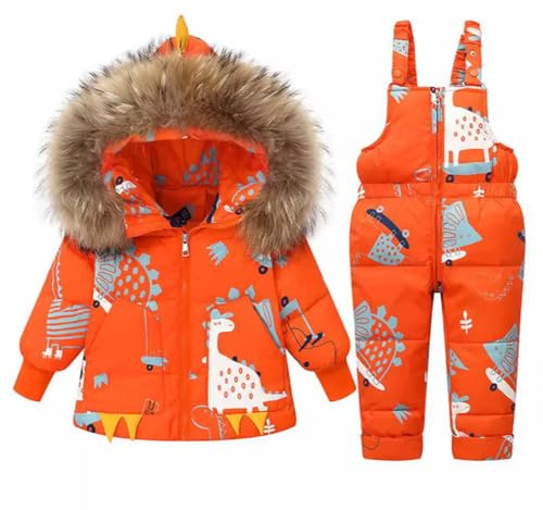 Trajes de Nieve 2 Piezas para Bebé Niña Invierno Chaqueta de Plumón Dinosaurios Abrigo con Babero de Nieve Pantalones Niños Traje de Esquí Ropa