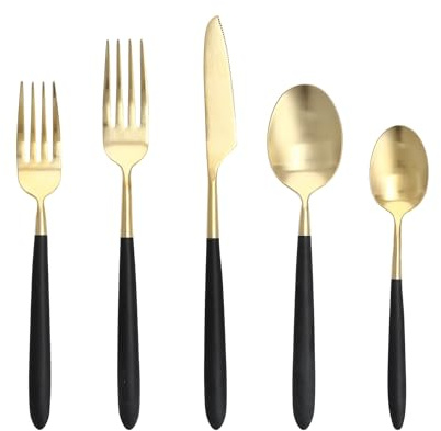 Fortessa Velo 18/10 Stainless Steel, 20 Piece Flatware Set (Service for 4), Black/24k Gold