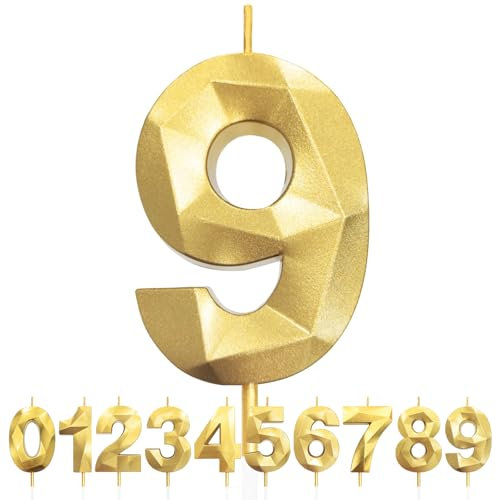 9° Candele di compleanno, Compleanno Candele Torta Oro, Candela numero 9, 3D Candele con numeri da 5cm, Compleanno Torta Topper Decorazione per Feste di Compleanno Matrimonio Anniversario